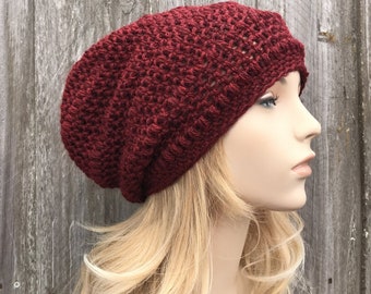 Crochet Hat, Womens Hat, Mens Hat, Winter Hat, Slouchy Beanie, Wool Hat, Boho Hat, Crochet Beanie, Penelope Hat, Red Garnet Heather