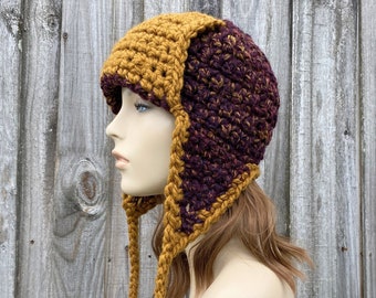 Trapper Hat, Ear Flap Hat, Chunky Crochet Hat, Womens Hat, Mens Hat, Winter Hat, Aviator Cap, Crochet Beanie, Wanderlust Earflap Hat