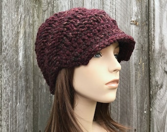 Grobstrickmütze, Damenmütze, Herrenmütze, Wintermütze, Newsboy-Mütze, Newsboy-Mütze, Strickmütze, Swirl-Beanie mit Krempe, Burgunderrot, Gewürzapfel