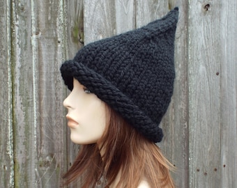 Black Witch Hat, Wizard Hat, Halloween Costume, Womens Hat, Mens Hat, Chunky Knit Hat, Winter Hat