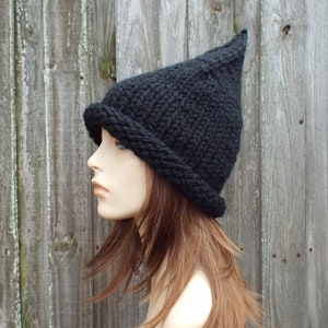Black Witch Hat, Hand Knit Witch Hat, Wizard Hat, Halloween Costume, Halloween Hat, Chunky Knit Hat, Womens Hat, Mens Hat