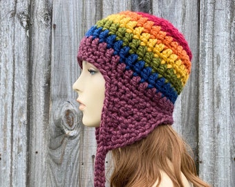 Rainbow Beanie, Rainbow Hat with Ear Flaps, Gay Pride Hat, Chunky Crochet Hat, Mens Hat, Womens Hat, Winter Hat, Aviator Hat, Earflap Hat