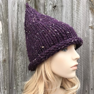 Chunky Knit Hat, Womens Hat, Mens Hat, Witch Hat, Wizard Hat, Elf Hat, Gnome Hat, Halloween Costume, Witch Beanie, Raisin Purple