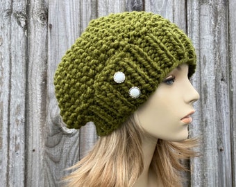 Chunky Knit Hat, Womens Hat, Mens Hat, Winter Hat, Slouchy Beanie, Knit Beanie, Knit Beret, Knit Cap, Seed Beret, Cilantro Green