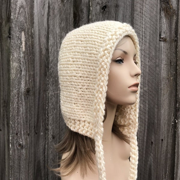 Knit Hood with Ties, Chunky Knit Hat, Womens Hat, Mens Hat, Winter Hat, Aviator Hat, Adult Bonnet, Cream