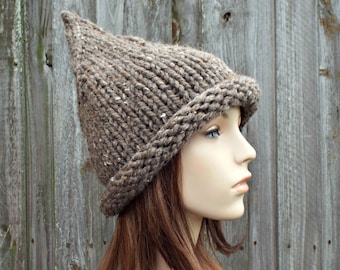 Witch Hat, Halloween Hat, Elf Hat, Gnome Hat, Chunky Knit Hat, Winter Hat, Womens Hat, Fall Fashion, Witch Beanie, Barley Brown