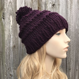 Grofgebreide muts, dameshoed, herenmuts, wintermuts, gebreide muts, muts, muts met pompon, muts, auberginepaars