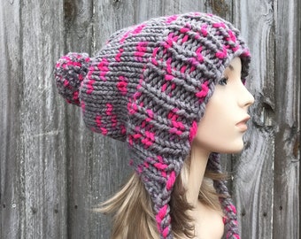 Chunky Knit Hat, Womens Hat, Mens Hat, Winter Hat, Knit Beanie, Knit Cap, Slouchy Beanie, Charlotte Slouchy Hat, Grey and Hot Pink