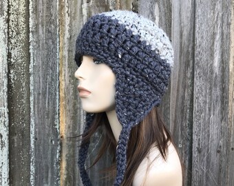 Crochet Ear Flap Hat, Chunky Crochet Hat, Mens Hat, Womens Hat, Winter Hat, Bomber Hat, Aviator Hat, Wanderlust Earflap Hat, Grey