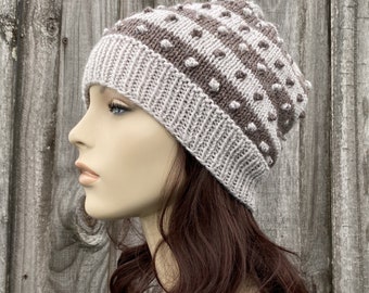 Gebreide muts, gebreide muts, damesmuts, herenmuts, gebreide muts, muts, nubbins-muts, taupe en beige