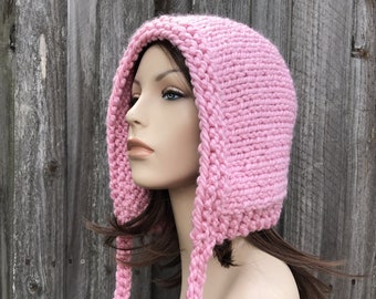 Aviator Hat, Adult Bonnet, Chunky Knit Hat, Womens Hat, Mens Hat, Winter Hat, Chunky Knit Hood with Ties, Blossom Pink