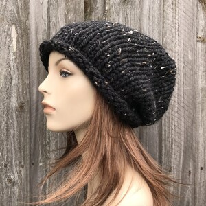 Chunky Knit Hat, Womens Hat, Mens Hat, Winter Hat, Knit Beanie, Knit Cap, Slouchy Hat, Rowena Slouchy Beanie, Obsidian Black