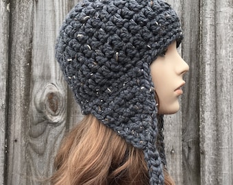 Chunky Crochet Hat, Womens Hat, Mens Hat, Winter Hat, Bomber Hat, Aviator Hat, Ear Flap Hat, Wanderlust Earflap Hat, Graphite Grey