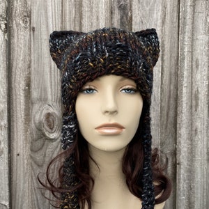 Rainbow Black Cat Hat, Halloween Hat, Chunky Knit Hat, Womens Hat, Mens Hat, Winter Hat, Ear Flap Hat, Cat Beanie, Cat Ear Hat, Oil Slick
