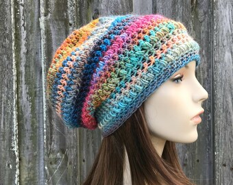 Boho Hat, Crochet Hat, Womens Hat, Beach Hat, Slouchy Hat, Penelope Slouchy Beanie, Rainbow Beanie, Rainbow Hat, Hipster Hat, Show Time