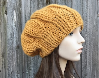Chunky Knit Hat, Knit Beret, Mens Hat, Womens Hat, Winter Hat, Slouchy Hat, Knit Beanie, Knit Cap, Urchin Beret, Mustard Yellow