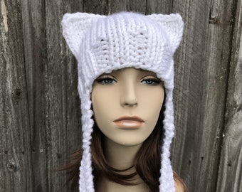 Chunky Knit Hat, Cat Hat, Hat with Cat Ears, Womens Hat, Mens Hat, Winter Hat, Earflap Hat, Ear Flap Hat, Cat Beanie, White