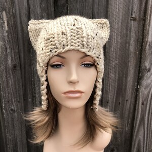 Chunky Knit Hat, Womens Hat, Mens Hat, Winter Hat, Cat Hat, Cat Ear Hat, Ear Flap Hat, Cat Beanie, Oatmeal