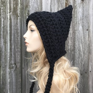 Chunky Crochet Hat, Witch Hat, Pixie Hat, Ear Flap Hat, Womens Hat, Mens Hat, Pixie Hood, Crochet Hood, Winter Hat, Black