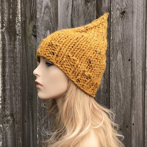 Elf Hat, Gnome Hat, Witch Hat, Chunky Knit Hat, Womens Hat, Winter Hat, Knit Beanie, Knit Cap, Gnome Beanie, Mustard Yellow Tweed