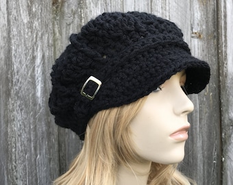 Crochet Hat, Newsboy Hat, Newsboy Cap, Womens Hat, Mens Hat, Winter Hat, Black Newsboy Hat