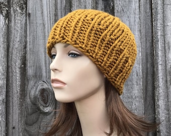 Chunky Knit Hat, Womens Hat, Mens Hat, Winter Hat, Skullcap, Fitted Beanie, Knit Cap, Knit Beanie, Amber Yellow