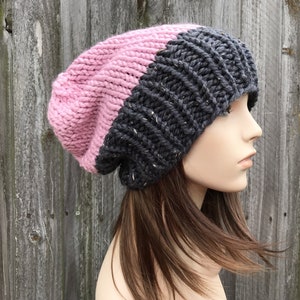 Chunky Knit Hat, Womens Hat, Mens Hat, Winter Hat, Knit Beanie, Knit Cap, Slouchy Hat, Slouchy Beanie, Adaline, Pink and Grey