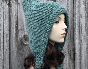 Hand Knit Pixie Hat, Chunky Knit Hat, Womens Hat, Mens Hat, Winter Hat, Fall Fashion, Pixie Hood, Hydro Teal