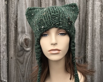 Chunky Knit Hat, Womens Hat, Mens Hat, Winter Hat, Cat Hat, Cat Beanie, Cat Ear Hat, Earflap Hat, Kale Green