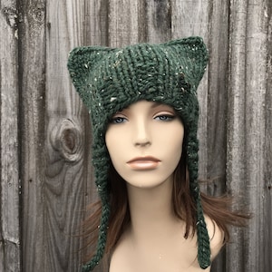 Chunky Knit Hat, Womens Hat, Mens Hat, Winter Hat, Cat Hat, Cat Beanie, Cat Ear Hat, Earflap Hat, Kale Green