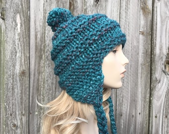 Chunky Knit Hat, Womens Hat, Mens Hat, Winter Hat, Ski Hat, Earflap Hat, Pom Pom Hat, Knit Beanie, Knit Cap, Ski Cap, Deep Lagoon