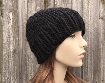 Chunky Knit Hat, Womens Hat, Mens Hat, Winter Hat, Knit Cap, Knit Beanie, Mens Beanie, Womens Beanie, Skullcap, Fitted Beanie, Black