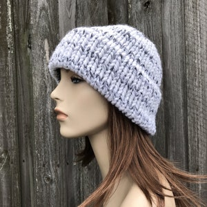 Chunky Knit Hat, Womens Hat, Mens Hat, Winter Hat, Knit Cap, Knit Beanie, Double Thick Brim Hat, Delphine, White Grey