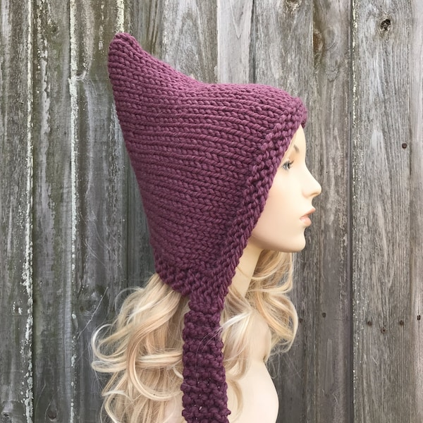 Hand Knit Pixie Hat, Chunky Knit Hat, Womens Hat, Mens Hat, Winter Hat, Witch Hat, Elf Hat, Pixie Hood, Knit Hood, Ear Flap Hat, Fig Purple