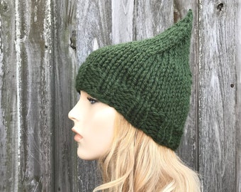 Green Gnome Hat, Chunky Knit Hat, Mens Hat, Womens Hat, Garden Gnome Hat, Elf Hat, Christmas Hat, Gnome Beanie, Hunter Green