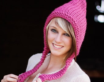 Handgestrickte Pixie Mütze, Grobstrickmütze, Damenmütze, Herrenmütze, Wintermütze, Pixie Haube, Strickmütze, Himbeere Pink