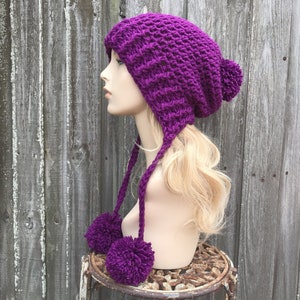 Chunky Crochet Hat, Crochet Beanie, Hat with Pom Poms, Womens Hat, Winter Hat, Earflap Hat, Marceline Beanie, Purple