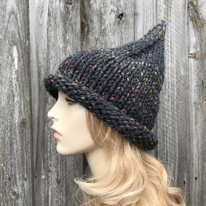 Rainbow Witch Hat, Wizard Hat, Halloween Costume, Womens Hat, Mens Hat, Chunky Knit Hat, Winter Hat, Bedrock Grey