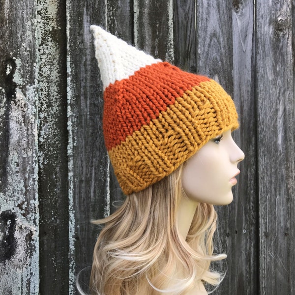 Candy Corn Hat, Candy Corn Beanie, Halloween Hat, Womens Hat, Mens Hat, Halloween Costume, Chunky Knit Hat, Elf Hat, Gnome Hat