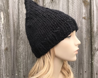 Zwarte kabouterhoed, heksenhoed, puntige beanie, elfenbeanie, elfenhoed, Halloween-hoed, grof gebreide muts, dameshoed, herenhoed, wintermuts