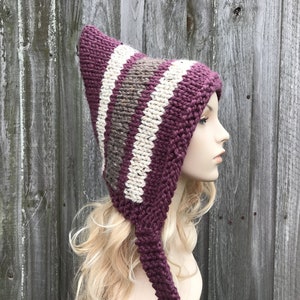 Elf Hood, Pixie Hat, Elf Hat, Witch Hat, Wizard Hat, Chunky Knit Hat, Womens Hat, Mens Hat, Knit Hood, Pixie Hood, Figgy Pudding Purple