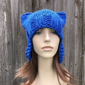 Chunky Knit Hat, Cat Ears, Blue Pussyhat, Blue Pussy Hat, Blue Cat Hat, Blue Cat Beanie, Womens Hat, Winter Hat, Ear Flap Hat, Cobalt Blue