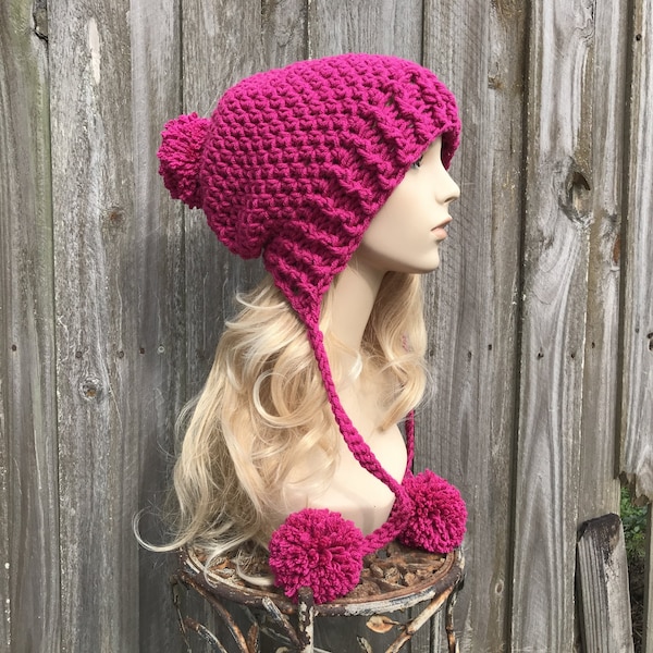 Chunky Crochet Hat, Crochet Beanie, Hat with Pom Poms, Womens Hat, Winter Hat, Earflap Hat, Marceline Beanie, Magenta