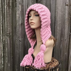 Chunky Crochet Hood, Crochet Hat, Womens Hat, Mens Hat, Winter Hat, Ear Flap Hat, Adult Bonnet, Hat with Tassels, Tassel Hat, Blossom Pink
