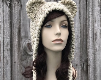 Bear Ear Hat, Bear Bonnet, Adult Bonnet, Chunky Crochet Hat, Crochet Beanie, Womens Hat, Mens Hat, Winter Hat, Crochet Bonnet, Oatmeal