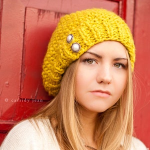 Chunky Knit Hat, Womens Hat, Mens Hat, Winter Hat, Knit Beanie, Knit Cap, Slouchy Beanie, Knit Beret, Seed Beret, Turmeric Yellow