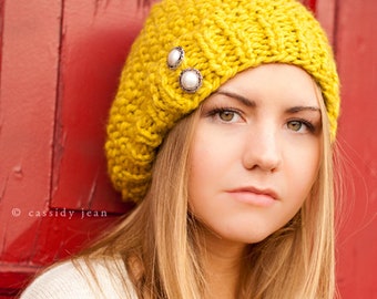 Chunky Knit Hat, Womens Hat, Mens Hat, Winter Hat, Knit Beanie, Knit Cap, Slouchy Beanie, Knit Beret, Seed Beret, Turmeric Yellow