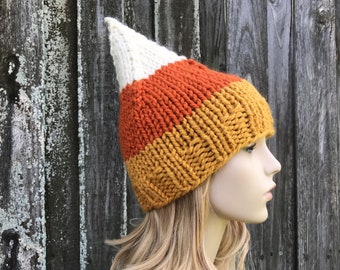 Candy Corn Hat, Candy Corn Beanie, Halloween Hat, Womens Hat, Mens Hat, Halloween Costume, Chunky Knit Hat, Elf Hat, Gnome Hat