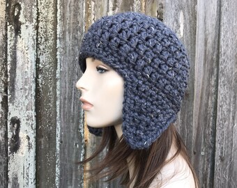 Chunky Crochet Hat, Mens Hat, Womens Hat, Winter Hat, Bomber Hat, Aviator Hat, Ear Flap Hat, Wanderlust Earflap Hat, Graphite Grey