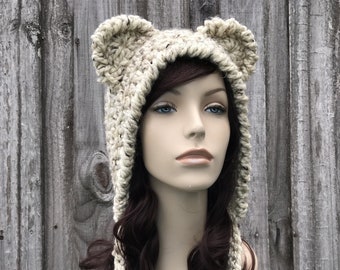 Bear Ear Hat, Bear Bonnet, Adult Bonnet, Chunky Crochet Hat, Crochet Beanie, Womens Hat, Mens Hat, Winter Hat, Crochet Bonnet, Oatmeal